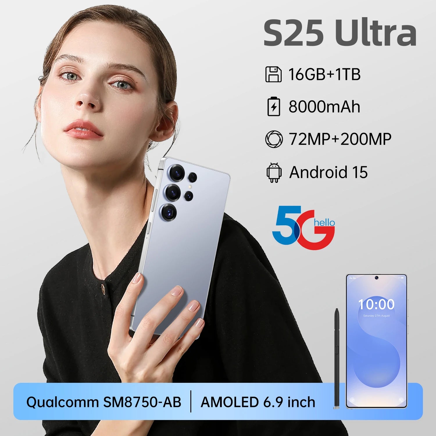 S25 Ultra 5G smartphone with 16GB RAM, 1TB storage, 108MP camera, and 8000mAh battery in grey color.