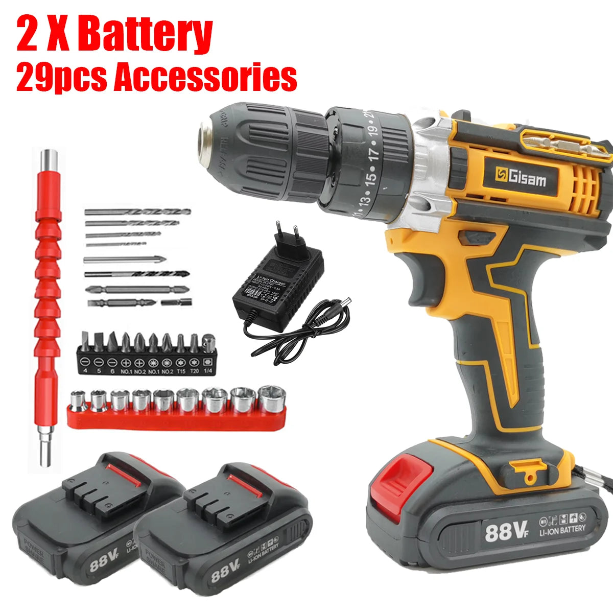 Gisam Cordless Impact Drill Electric Screwdriver Rechargeable Handheld Hammer Drill Power Tool 25+3 Torque Driver Li-ion Battery