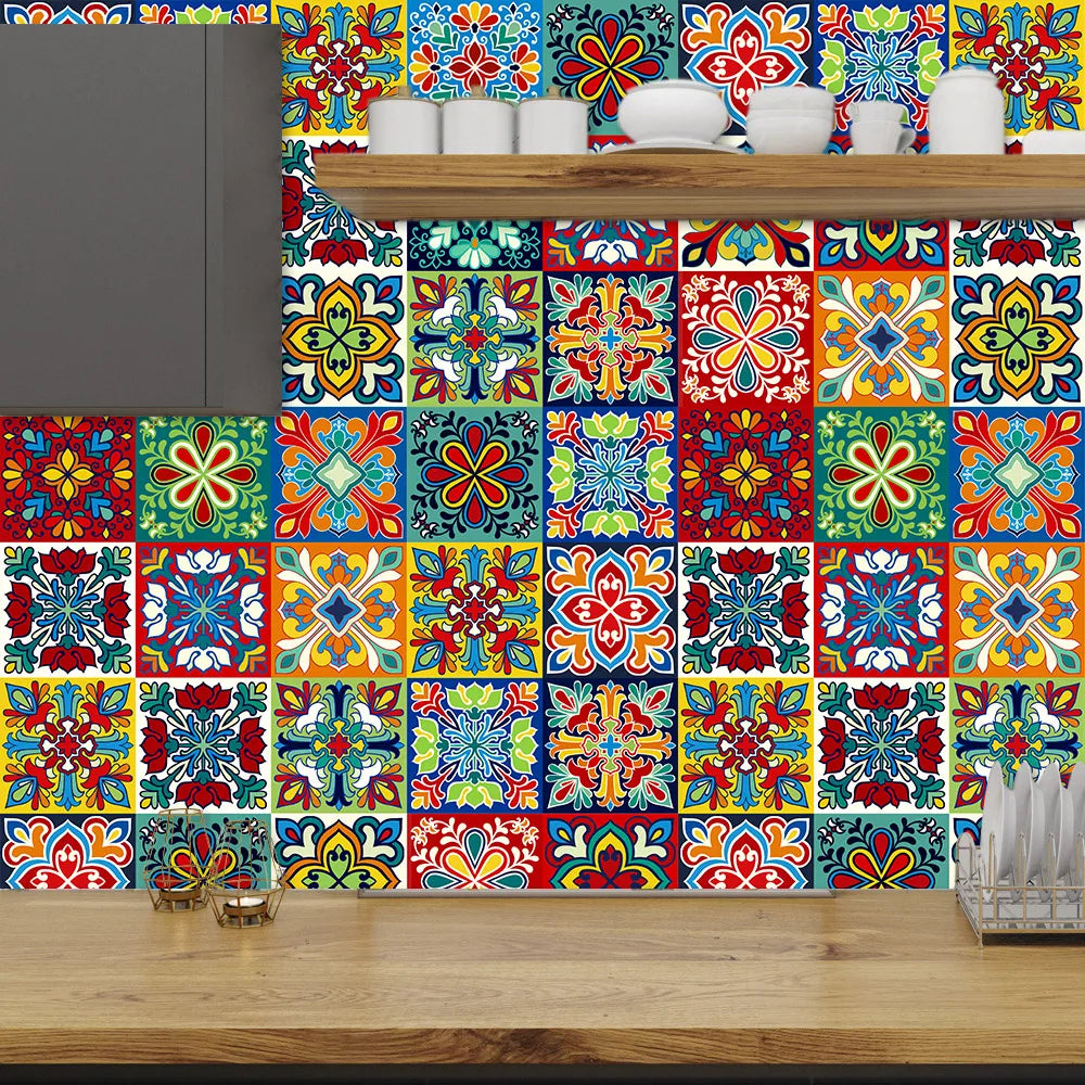 Colorful Pattern Ceramic Tiles Wall Sticker Tables Bathroom Kitchen Home Decor Wall Decals Waterproof Peel & Stick PVC Art Mural