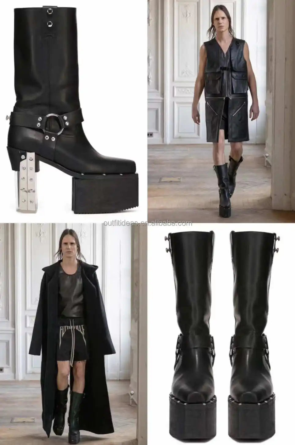 New With Box Unisex Men Cowboy Cow Leather Belt Wraps Metal Strips Transparent Clear Heel Runway LP Platform Ankle Boot for Men