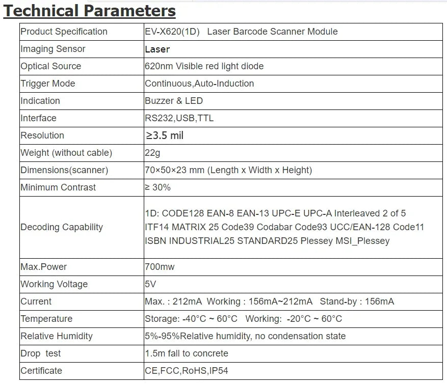 Technical parameters table for 1D laser barcode scanner module