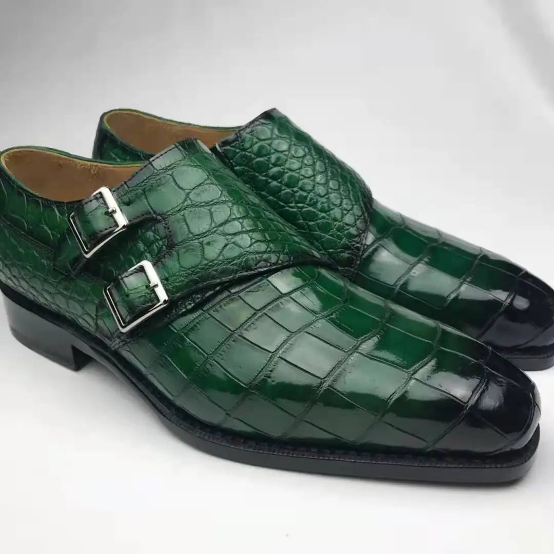 Goodyear Shoes for Man Styles Monk Strap Men High Quality Dress Shoes Green Luxury Genuine Crocodile Leather Office Men's Shoes