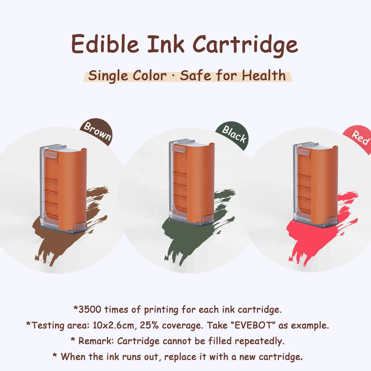 Edible ink cartridge single-color diagram in brown, black, and red