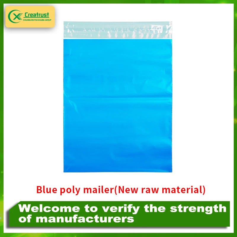 Blue poly mailer courier shipping bag with self-seal closure strip
