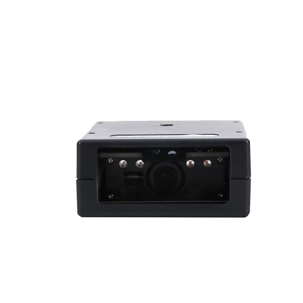Black barcode scanner module with internal scan lens visible through front panel
