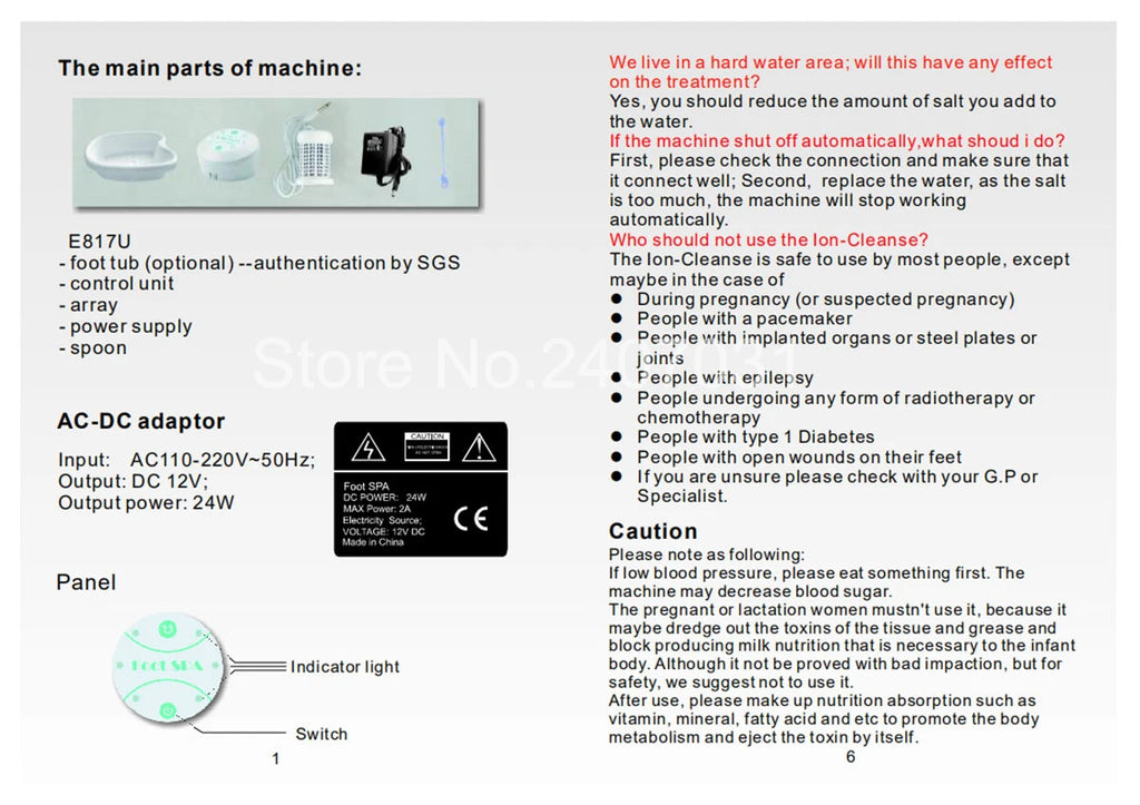 Electric ion detox foot spa machine parts including control unit, array, power supply, and manual with safety guide.