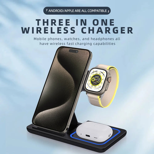 15W Three-in-One Fast Wireless Charger Foldable Desktop Multifunctional with PD Function for Mobile Phone Headset Watch Tidesmit