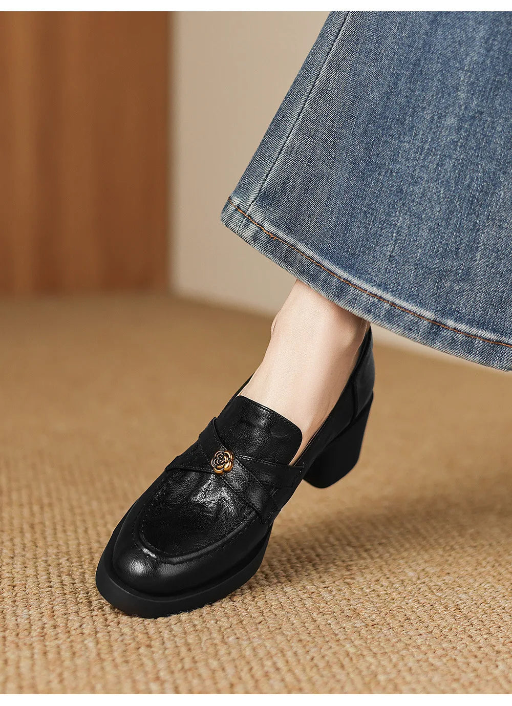 Women Top Grain Lambskin Round Toe Fleece Lined Loafers Spring 2026 Camellia Print High Heel Chunky Heel Pumps Luxury Designer