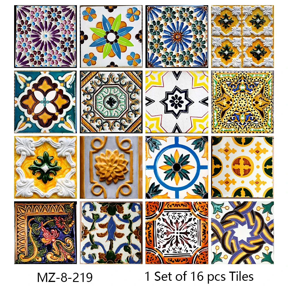 16pcs Retro Moroccan Style Tiles Kitchen Oil-poof & Waterproof Sticker Cupboard Bathroom Home Renovation Peel & Stick Wallpaper
