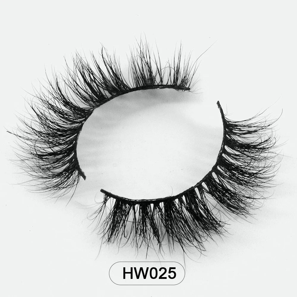 Black 3D mink false eyelashes with a feathery, multi-layered texture and an ultra-soft flex band, model HW025.