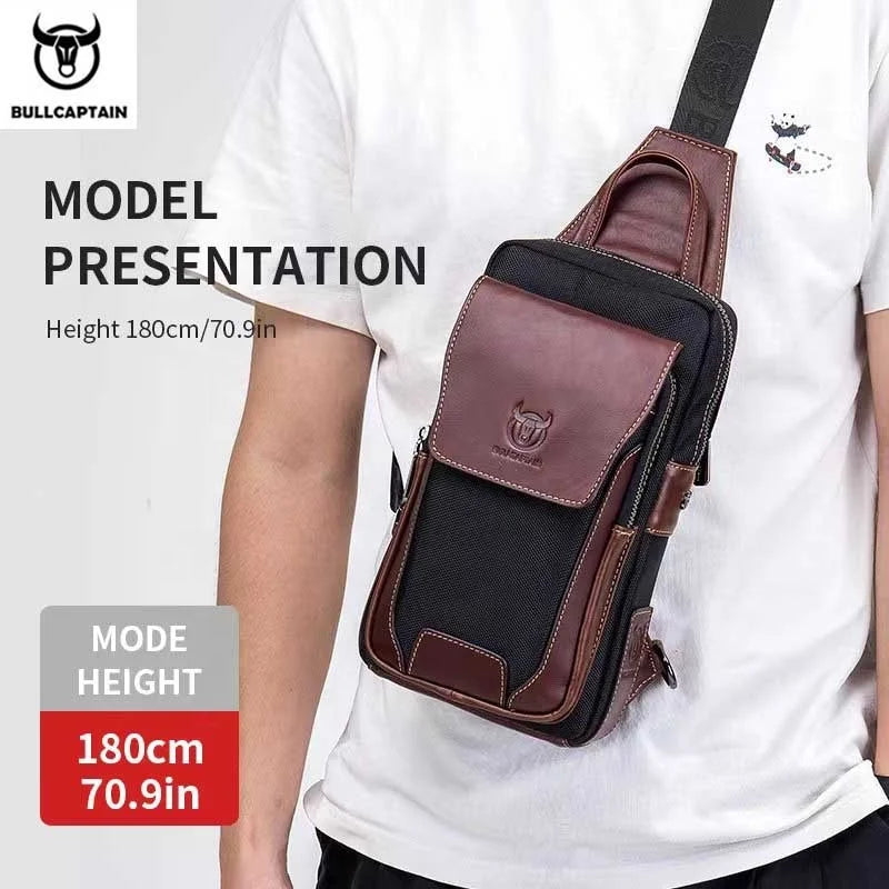 BULLCAPTAIN men's brown genuine leather and black canvas crossbody chest bag with single shoulder strap.