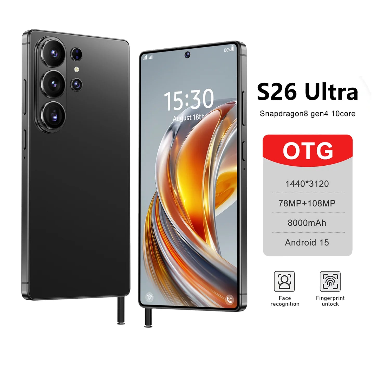S26 Ultra 5G smartphone with 7.3 inch full screen, 16GB RAM, 1TB storage, built-in pen, and 108MP camera.