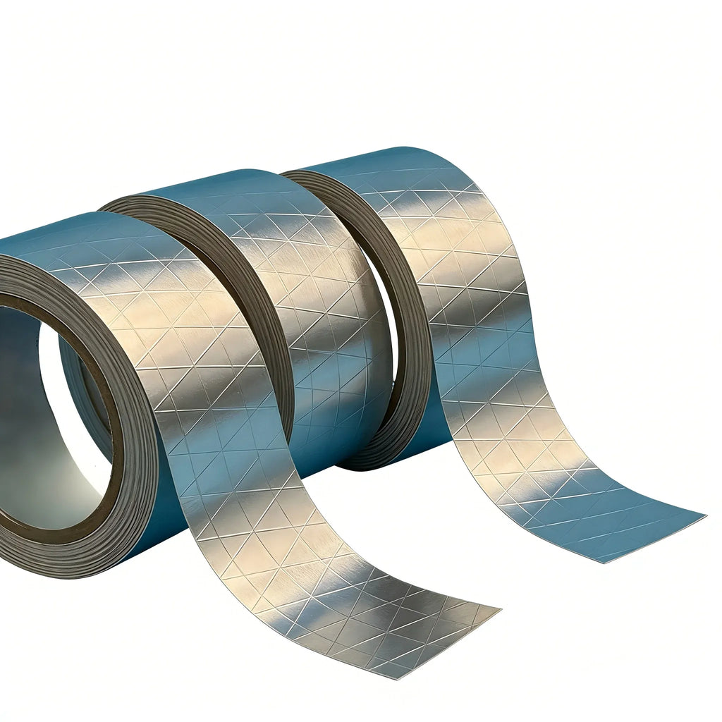 Foil tape roll stack with blue backing and silver grid texture, 20mm width
