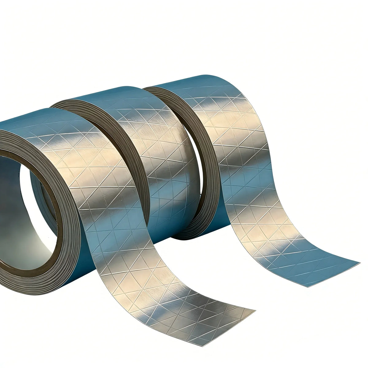 Foil tape roll stack with blue backing and silver grid texture, 20mm width