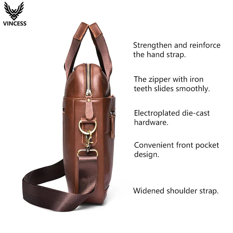 VINCESS Genuine Leather Zipper Closure Business Briefcase Office Executive Lawyer Handbag Men Bag Laptop Computer Crossbody Bag