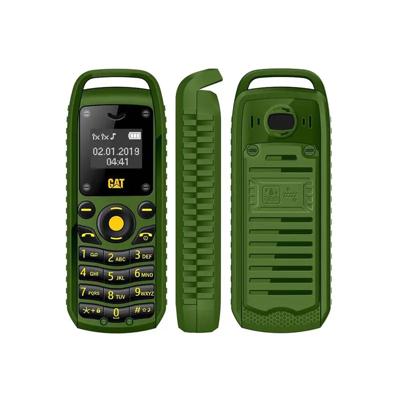 UNIWA B25 mini green 2G phone, front, side, and back views showing keypad, screen, and durable rugged design.
