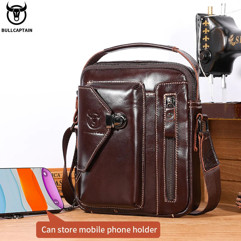 BULLCAPTAIN Genuine Cowhide Leather Men's Crossbody Bag - Vintage Top Layer Cow Leather Sling Bag, Single Shoulder Handbag