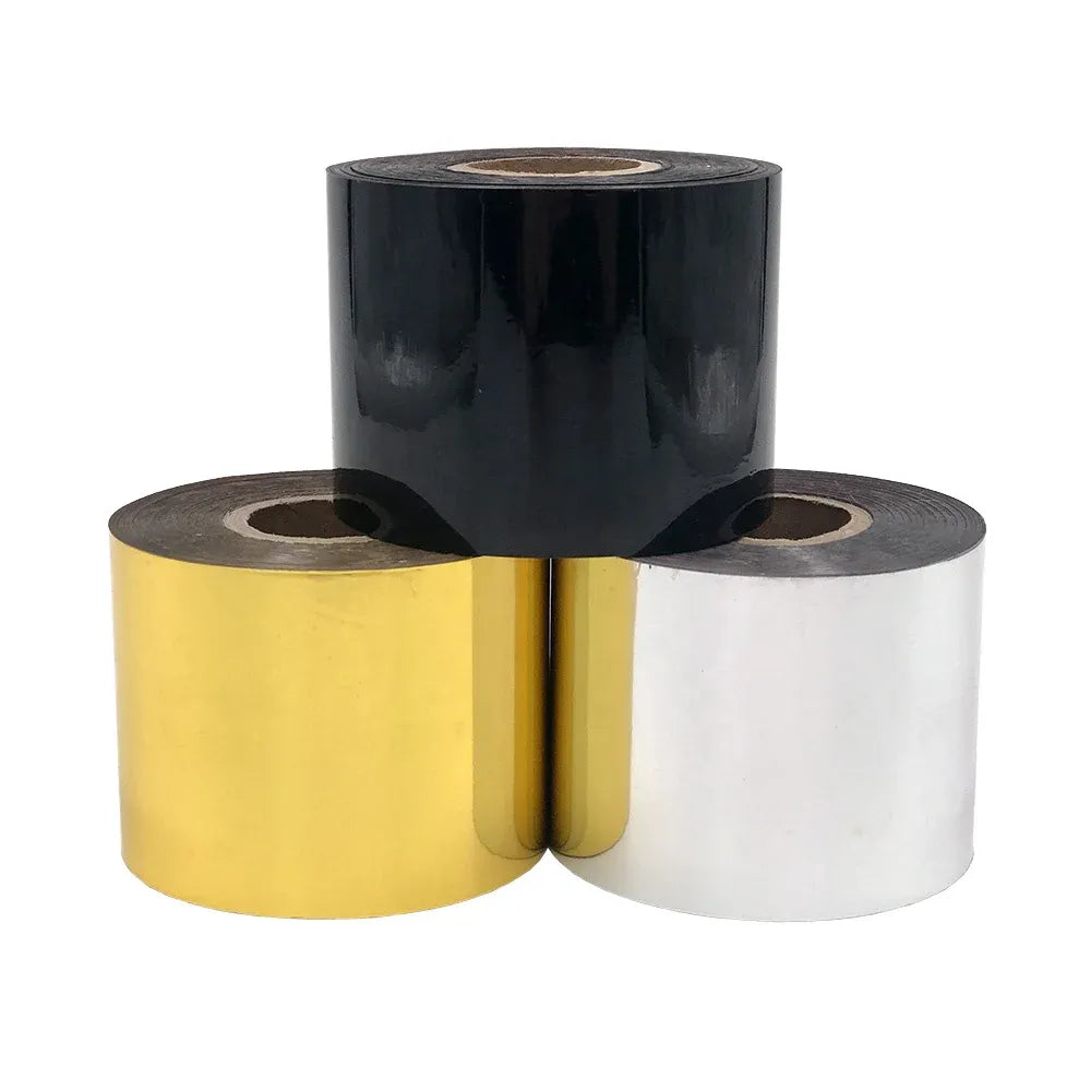 Hot stamping foil rolls set with black, gold, and silver ribbon rolls for label printing