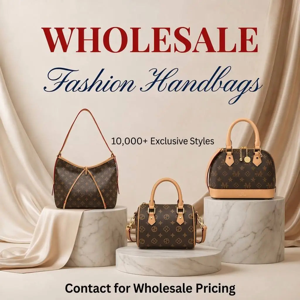 High-end monogram leather handbags and trunks on marble pedestals featuring brown cowhide and gold hardware accents.