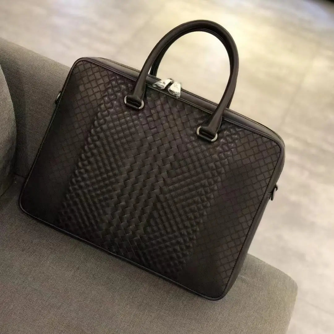 Luxury Embroidered Woven Leather Briefcase Men Imported Waxed Calfskin Slim Laptop Bag 13 Inch Business Office Handbag