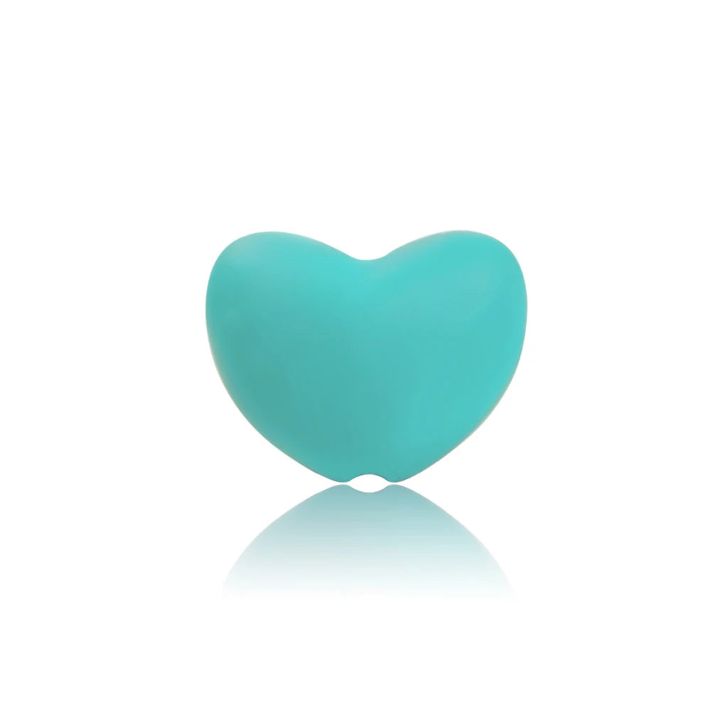 Teal heart silicone baby teething toy for soothing gum pain.