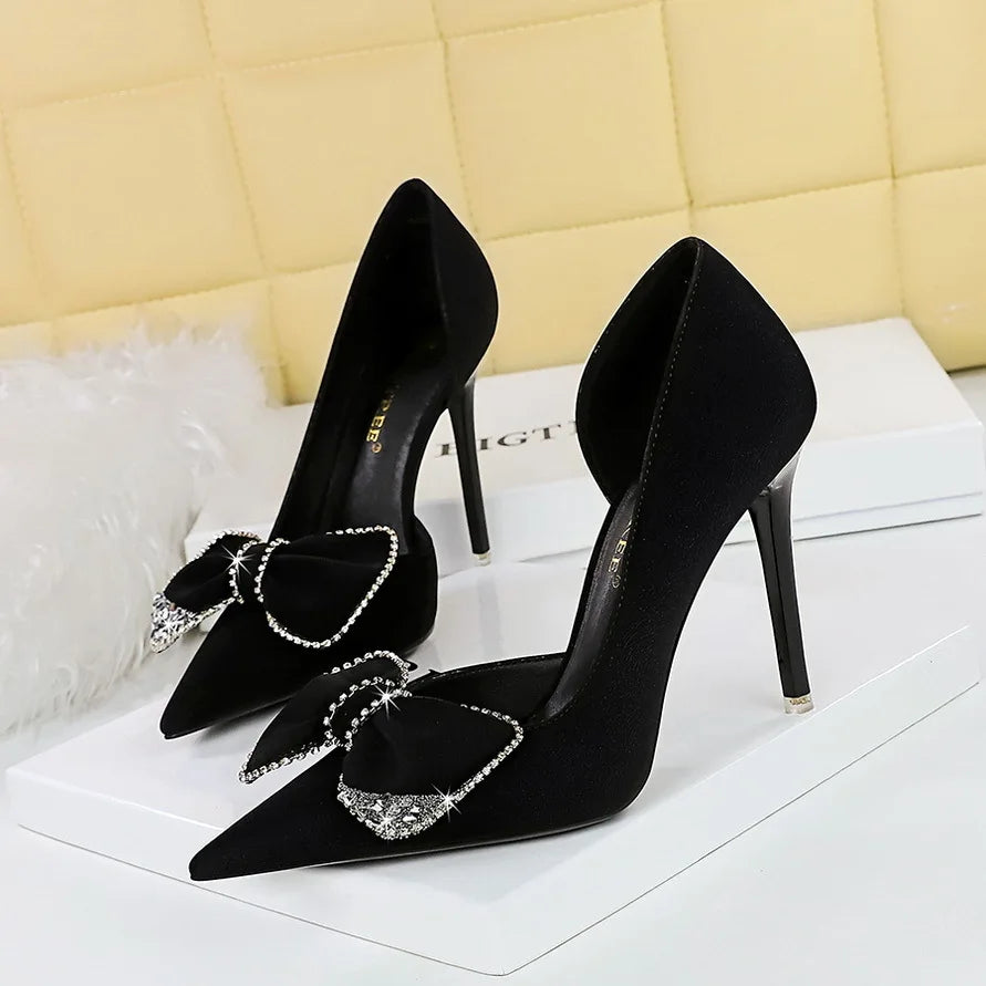 2026 New Water Crystal Bow Tie Womens Formal Solid Slip-On Thin Heels Party Professional High Heels