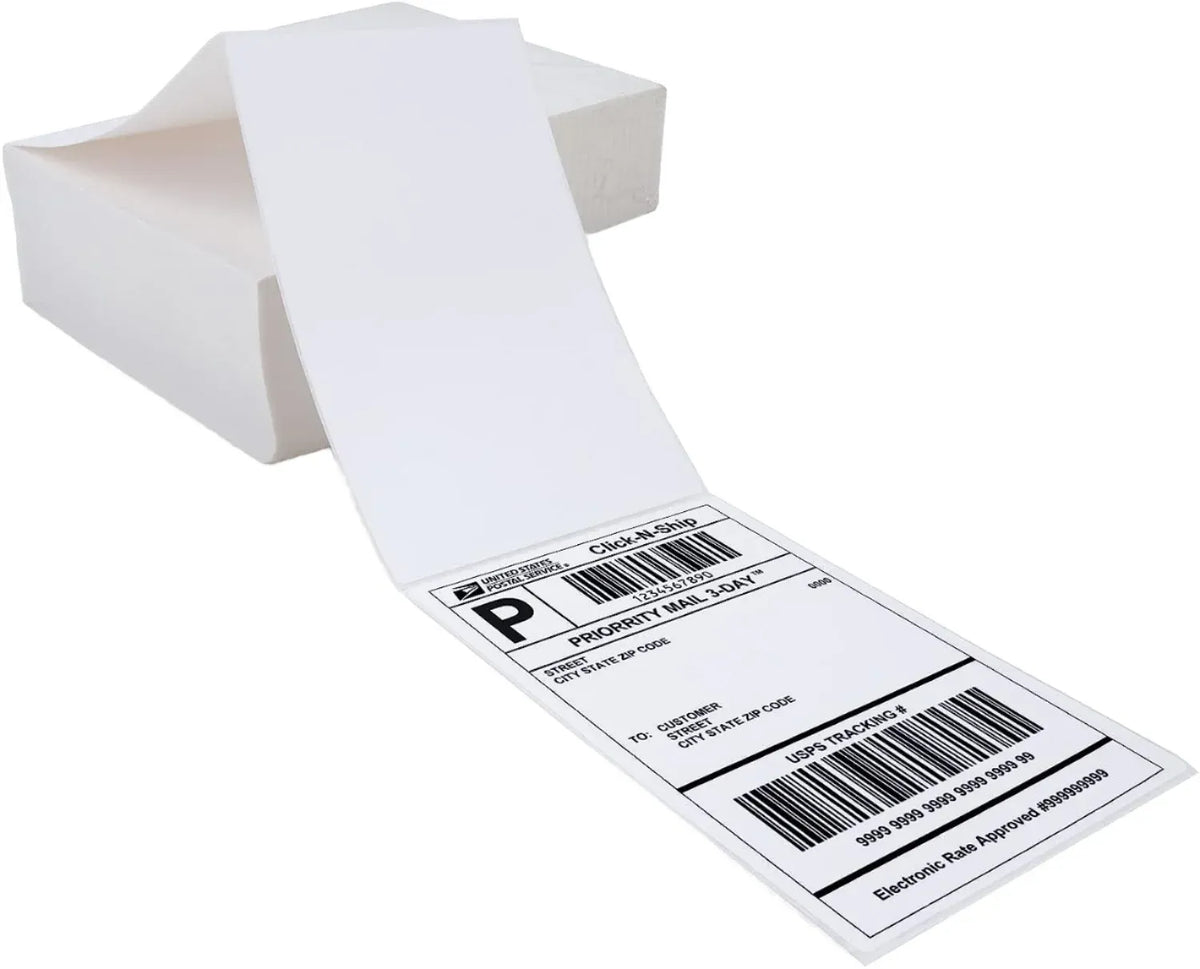 White thermal printer label stickers on backing sheet with barcode
