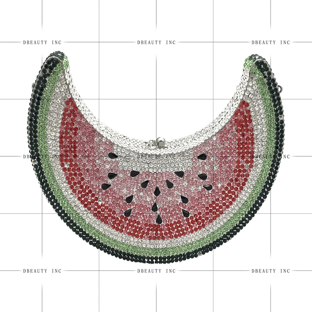 Moon-shaped watermelon designer evening clutch adorned with multi-colored crystals, perfect for elegant wedding style.