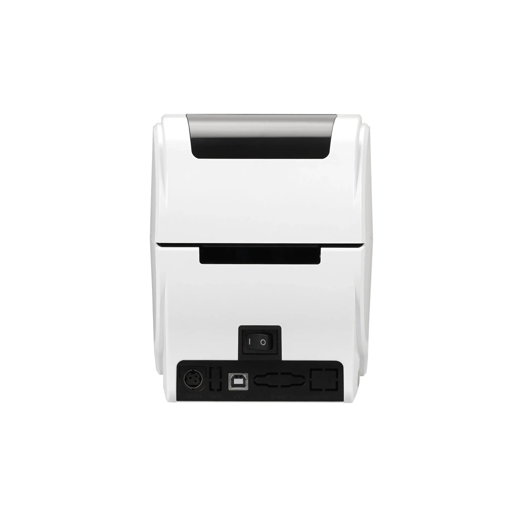 White label printer rear view with power switch and cable ports
