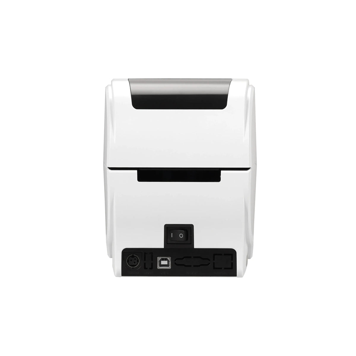 White label printer rear view with power switch and cable ports