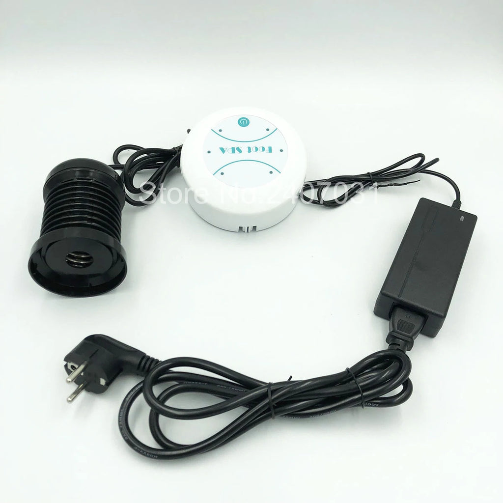 Electric ion detox foot spa machine with control unit, black round array, power adapter, and plug for home therapy.