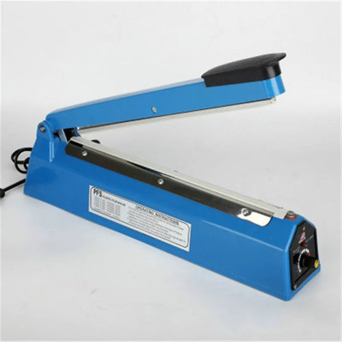 Blue hand heat sealer with black handle and long metal sealing bar, tabletop design