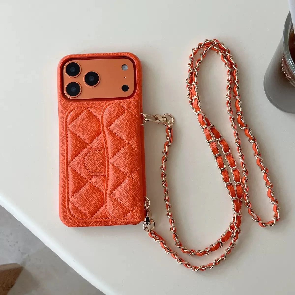High End Embossed PU Leather Solid Color Crossbody Chain Wallet Card Anti-drop Cover Mobile Phone Cases for 15 Pro
