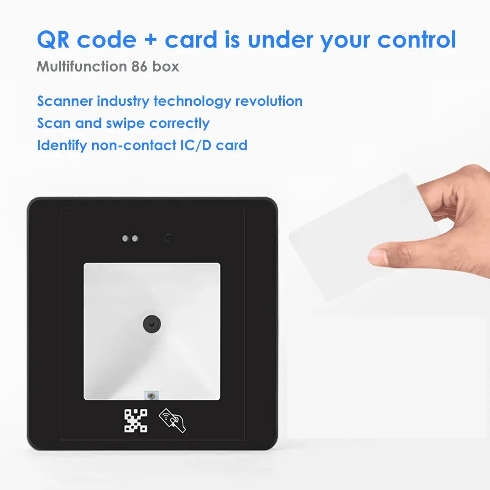 Black QR code and card access reader with hand holding a proximity card