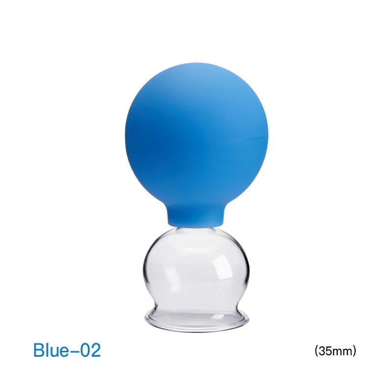 Blue silicone vacuum cupping massage tool with a clear glass suction cup, 35mm diameter, against a white background.