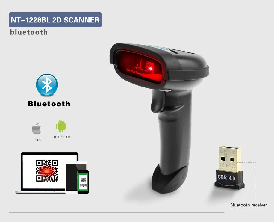 Handheld 2D Bluetooth barcode scanner with USB receiver and red scan light
