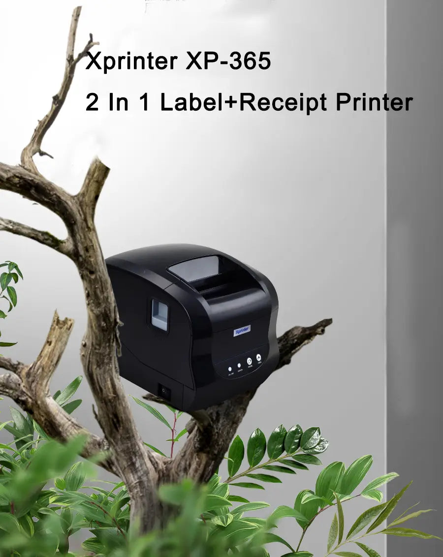 Black Xprinter XP-365 thermal label and receipt printer with front indicator lights