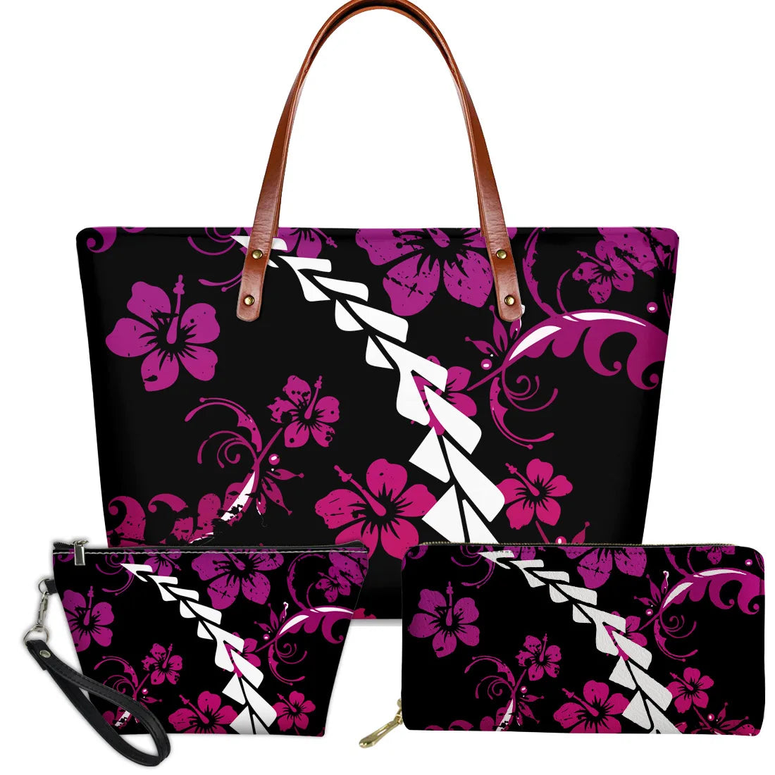 3-piece black handbag set with pink Polynesian tribal turtle and hibiscus floral print and brown leather handles.