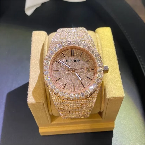 Luxury rose gold automatic mechanical watch iced out with moissanite stones and a hip-hop inspired dial design.