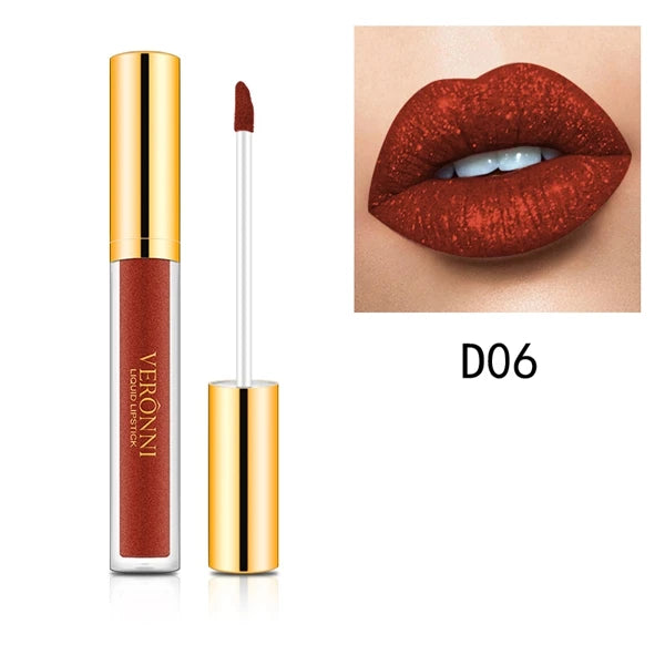 Veronni waterproof diamond shimmer liquid lipstick D06 in deep red with glittery matte pearl finish on lips.