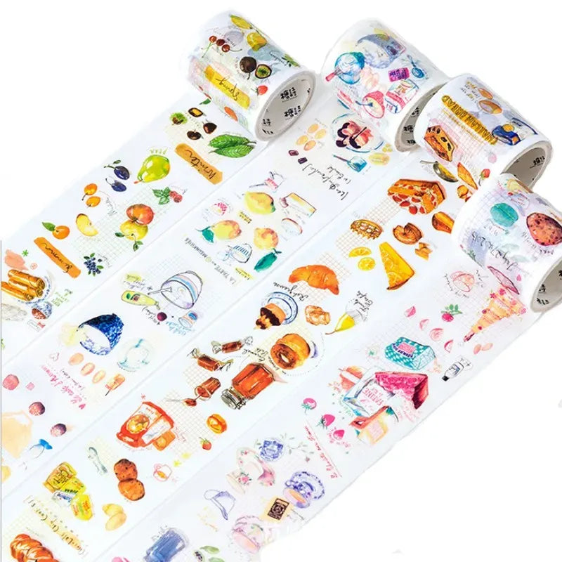 Set of masking tape rolls with colorful sweets, drinks, and snack drawings on white