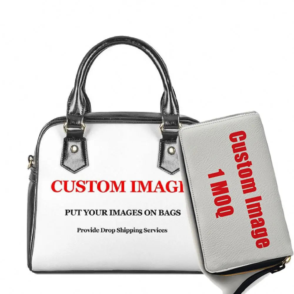 Custom 2-piece lady handbag set, white and black faux leather with tribal monster leaf print, trunk-style design.