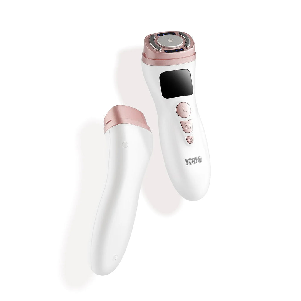 White and rose gold handheld facial skin rejuvenation device with control buttons and digital display.
