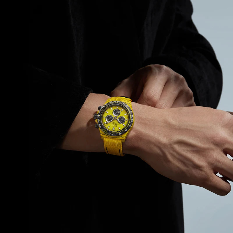 Automatic Mechanical Chronograph Watch Carbon Fiber Speedometer Ring 1600 Degree Sintered High Hardness Luminous