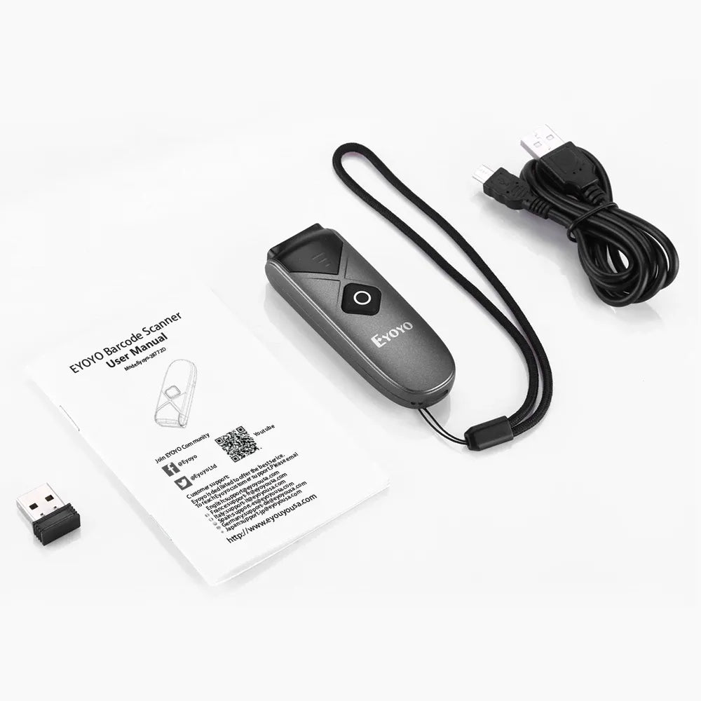 Eyoyo handheld barcode scanner with USB cable and instruction booklet