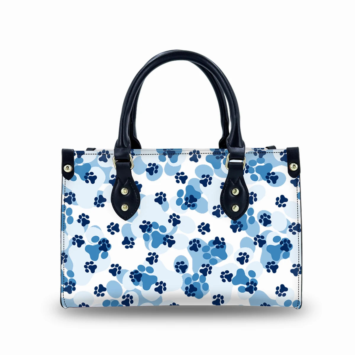 Vintage-style leather handbag in blue paw print pattern with black handles and metal hook closure.