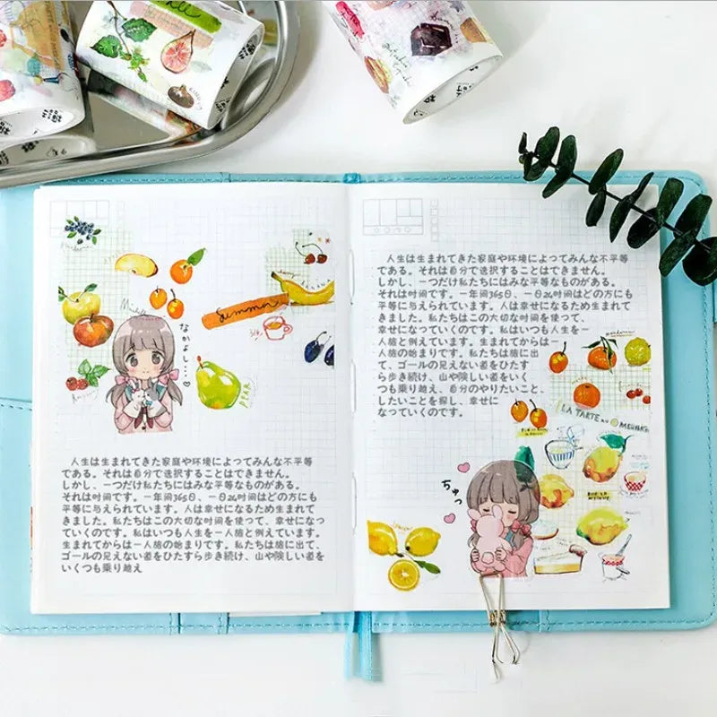 Food illustration masking tape rolls placed on a blue notebook page