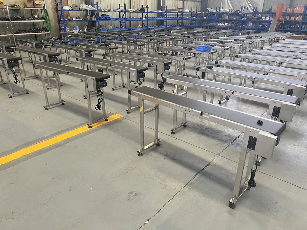 Factory production line with multiple height-adjustable PVC conveyor belt machines on legs