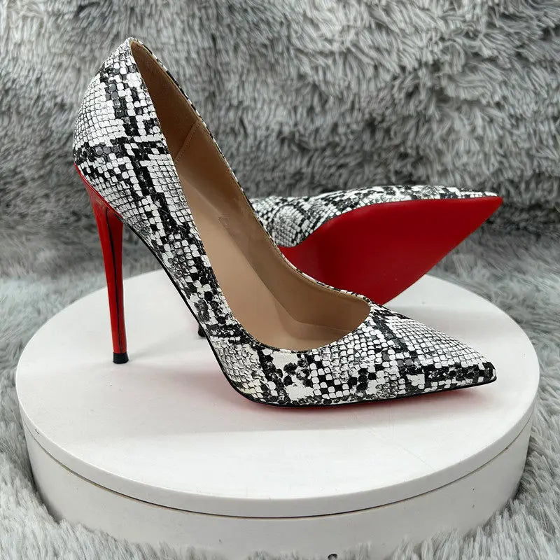 European American Style Animal Print 10cm/12cm Pointed Toe Slip-On Stiletto Heel Red Bottom Thin Rubber Outsole Women's Spring