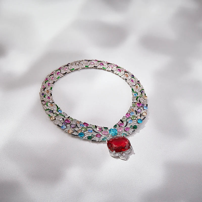 Vintage High-end Colorful Large Carat Ruby Pendant Evening Dress Chain Gorgeous Exaggerate Bride Wedding Jewelry Necklace